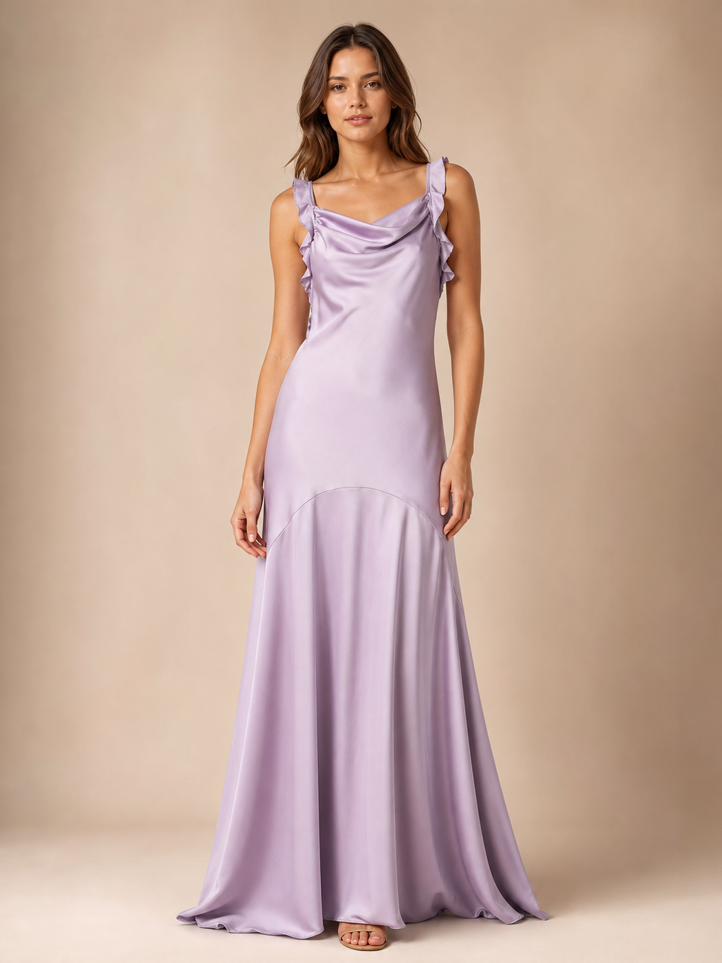 Frill Strap Mermad Maxi Dress in lavender satin with ruffled straps and a flowing mermaid hem