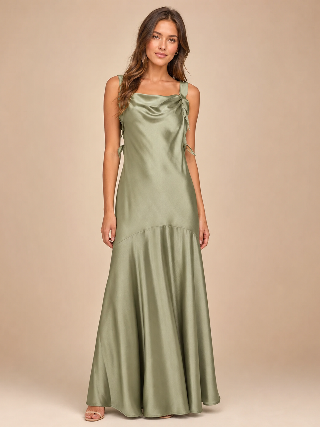 Frill Strap Mermad Maxi Dress in sage green satin by EXCLUSIVES.
