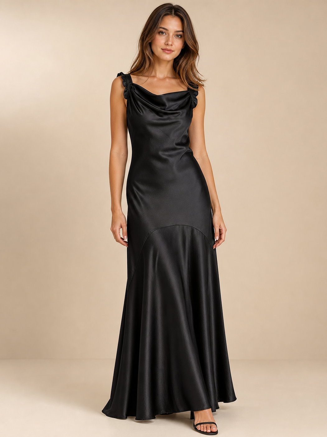 Frill Strap Mermad Maxi Dress, black satin, EXCLUSIVES