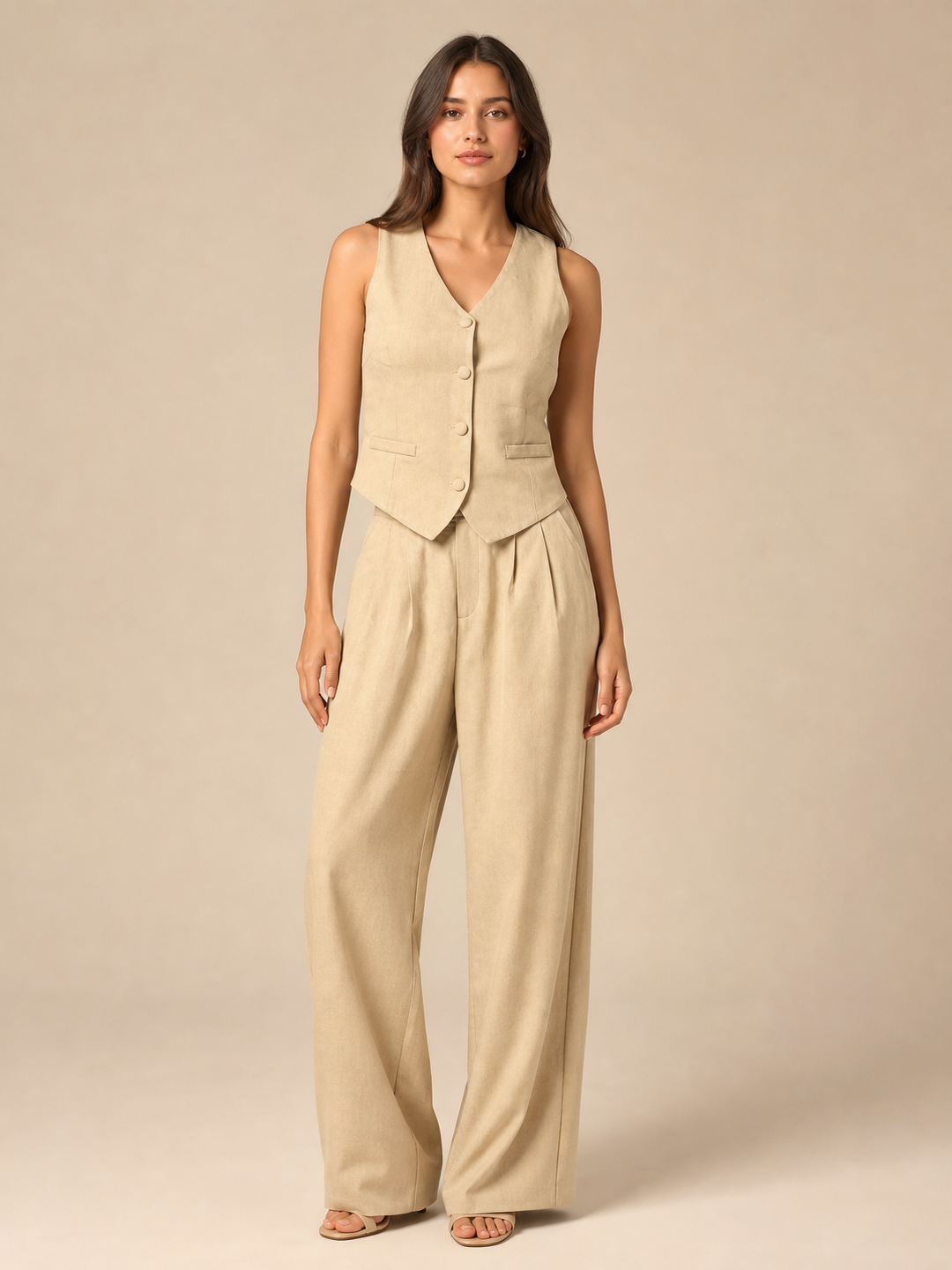 Waist Vest Coat & Wide Leg Pant Coord Set in beige on sale