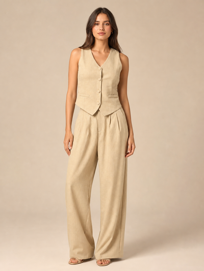 Waist Vest Coat & Wide Leg Pant Coord Set in beige on sale