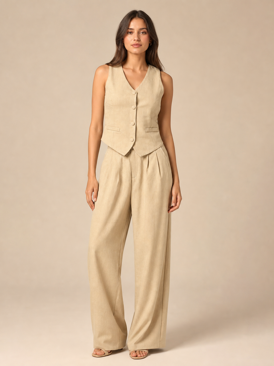 Waist Vest Coat & Wide Leg Pant Coord Set in beige on sale