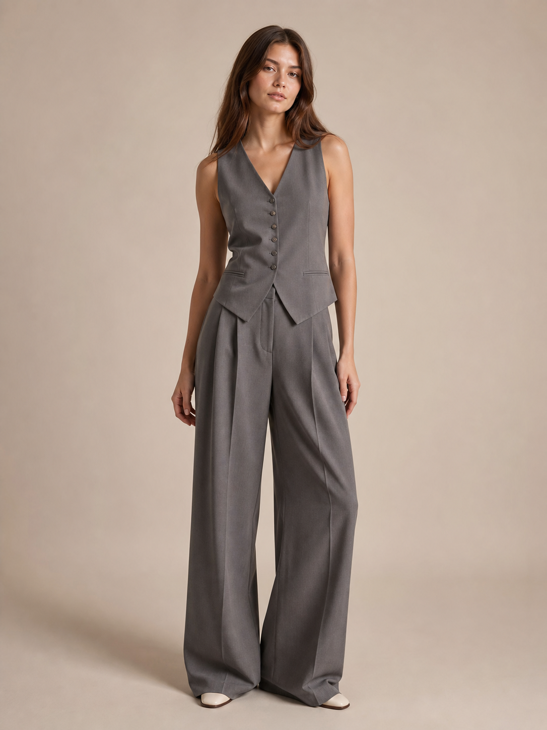 Waist Vest Coat & Wide Leg Pant Coord Set, two-piece by EXCLUSIVES in grey