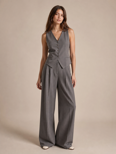 Waist Vest Coat & Wide Leg Pant Coord Set, two-piece by EXCLUSIVES in grey
