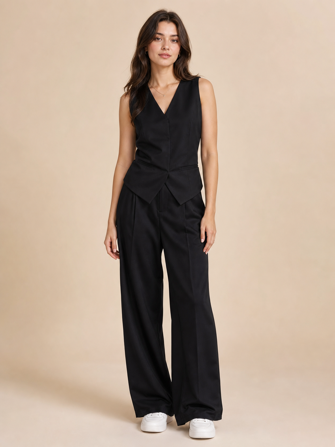 EXCLUSIVES 2-piece waist vest coat & wide-leg pant coord set, black sleeveless vest with wide-leg pants