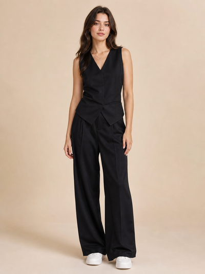 EXCLUSIVES 2-piece waist vest coat & wide-leg pant coord set, black sleeveless vest with wide-leg pants