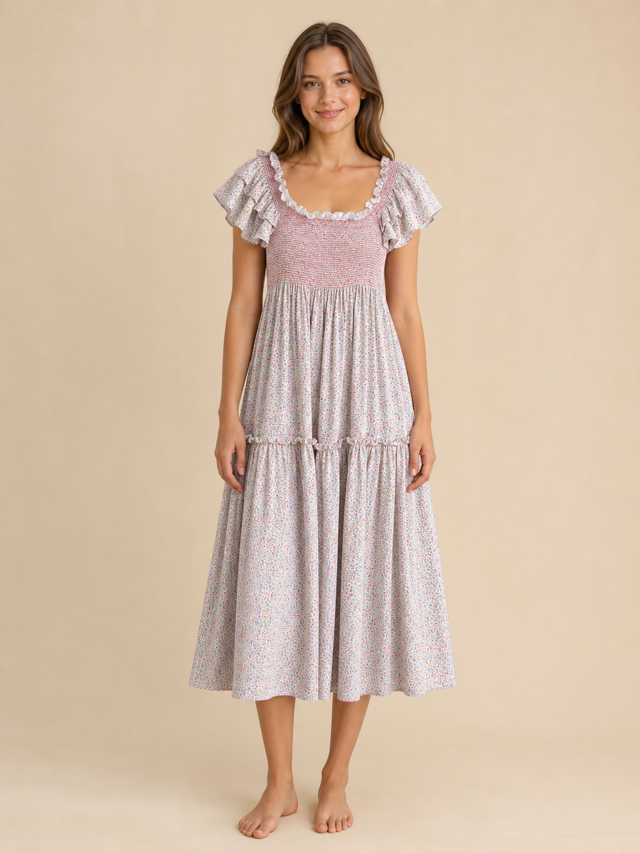 Ruffle Smocked Floral Swing Dress by EXCLUSIVES, pastel pink/blue print, midi length with ruffled flutter sleeves