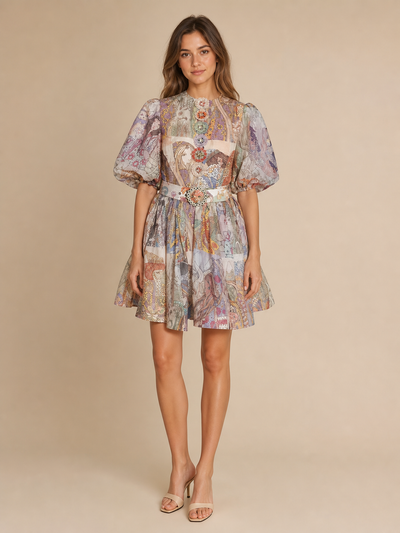 Abstract Vintage Flower Patch Dress with Belt, decorative buckle; pastel multicolor print and puff sleeves.