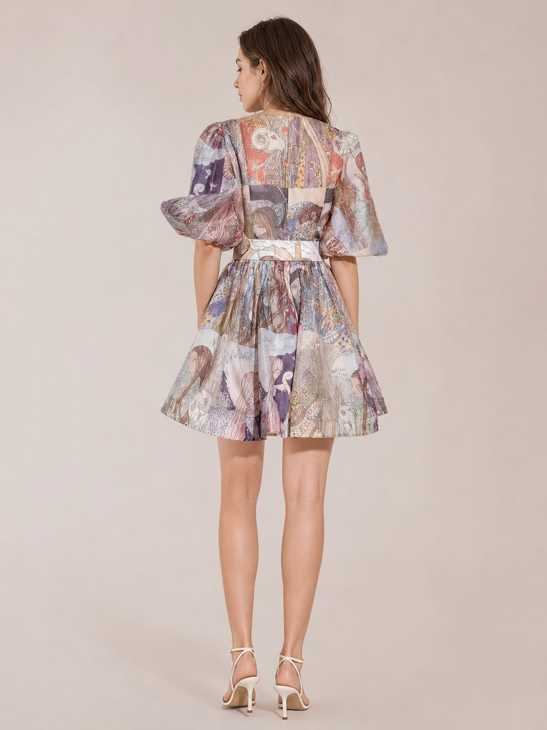 Abstract Vintage flower patch Dress with Belt, multicolor patchwork with puff sleeves and waist belt, back view