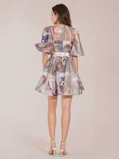 Abstract Vintage flower patch Dress with Belt, multicolor patchwork with puff sleeves and waist belt, back view