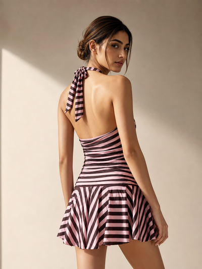 Candy Stripe Halter Mini Dress by Exclusives; pink and black striped halter neck with ruched bodice and flared mini skirt.