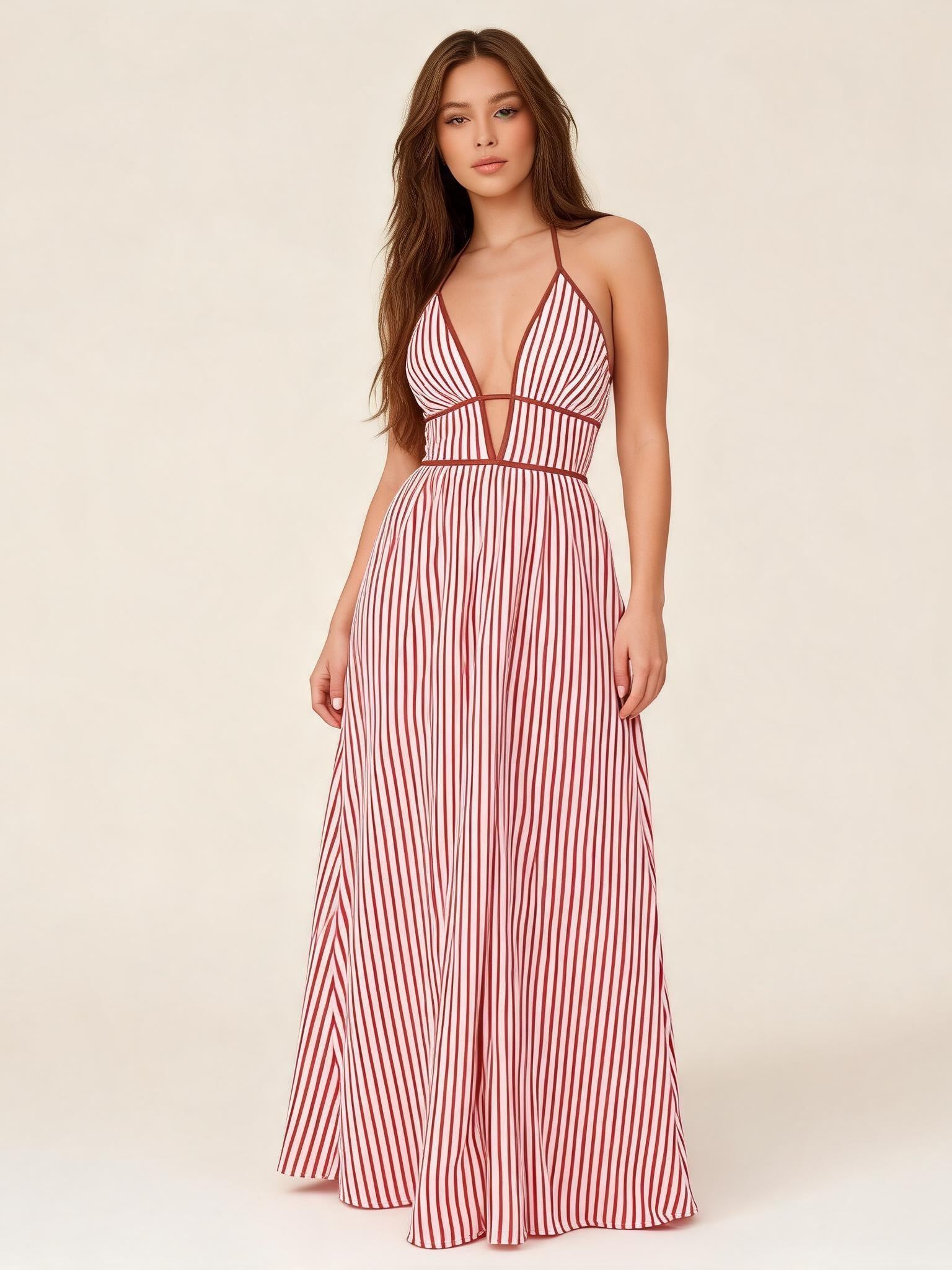 Seaside Striped Cutout Maxi Dress by Exclusives in red and white stripes