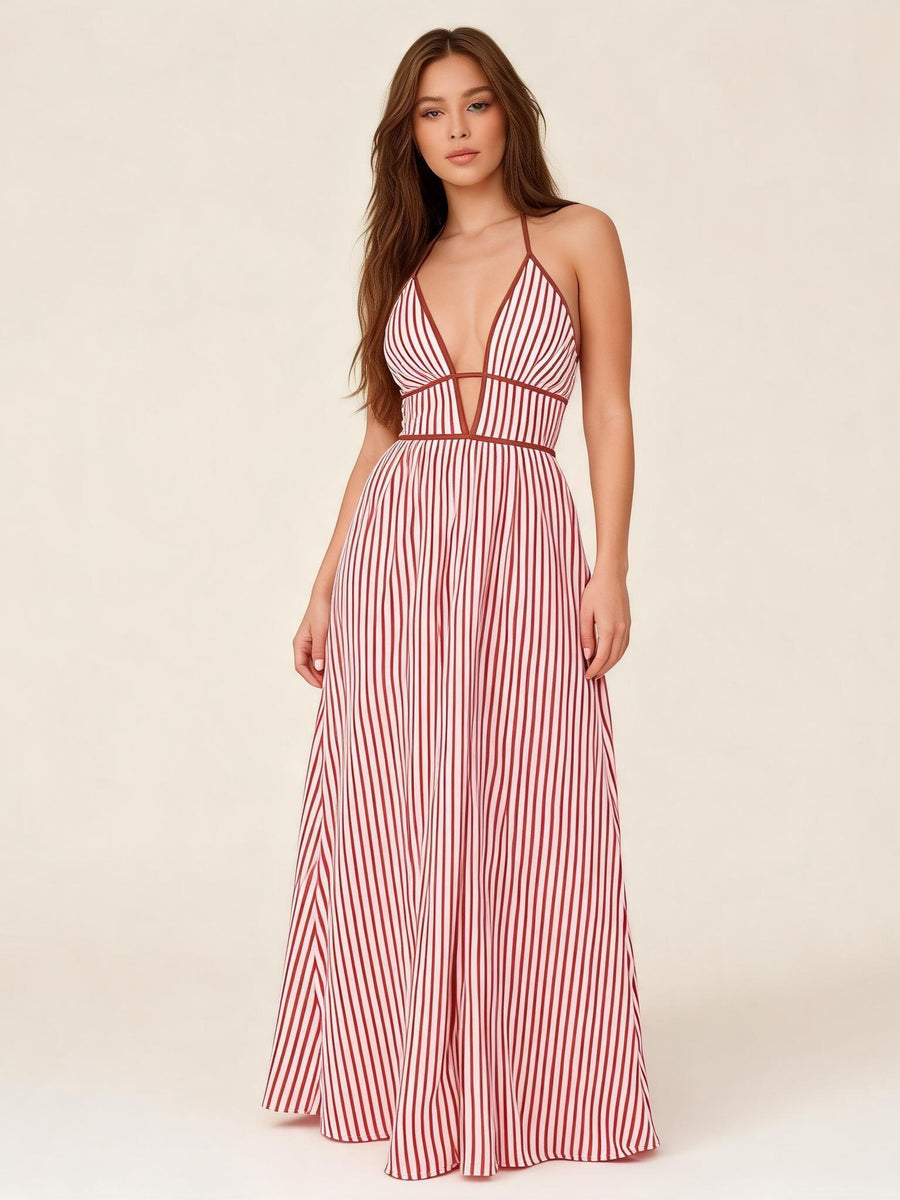 Seaside Striped Cutout Maxi Dress by Exclusives in red and white stripes