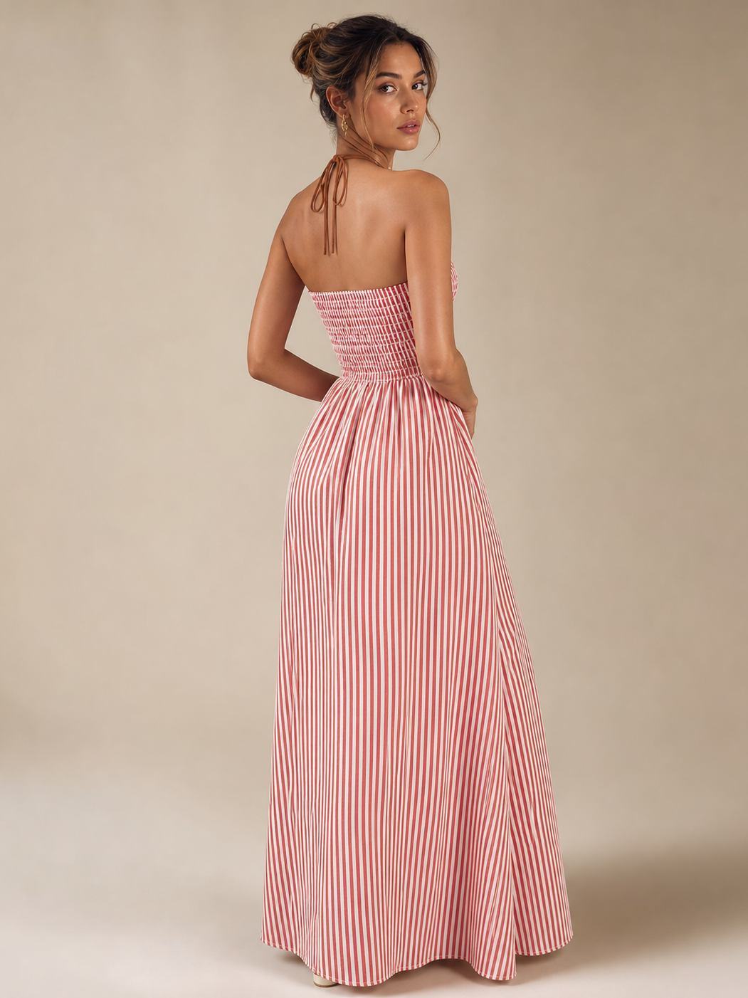 Seaside Striped Cutout Maxi Dress by Exclusives, red and white stripes, halter-neck back tie, floor-length