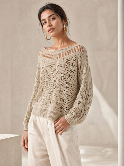 Hollow Out Knitted Sweater in beige with a loose-knit pattern and relaxed fit.