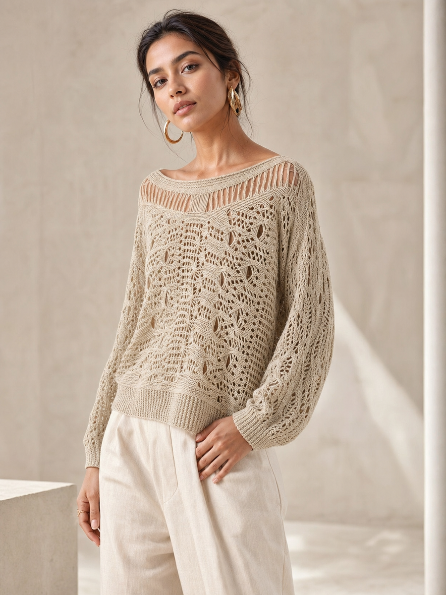 Hollow Out Knitted Sweater in beige with a loose-knit pattern and relaxed fit.
