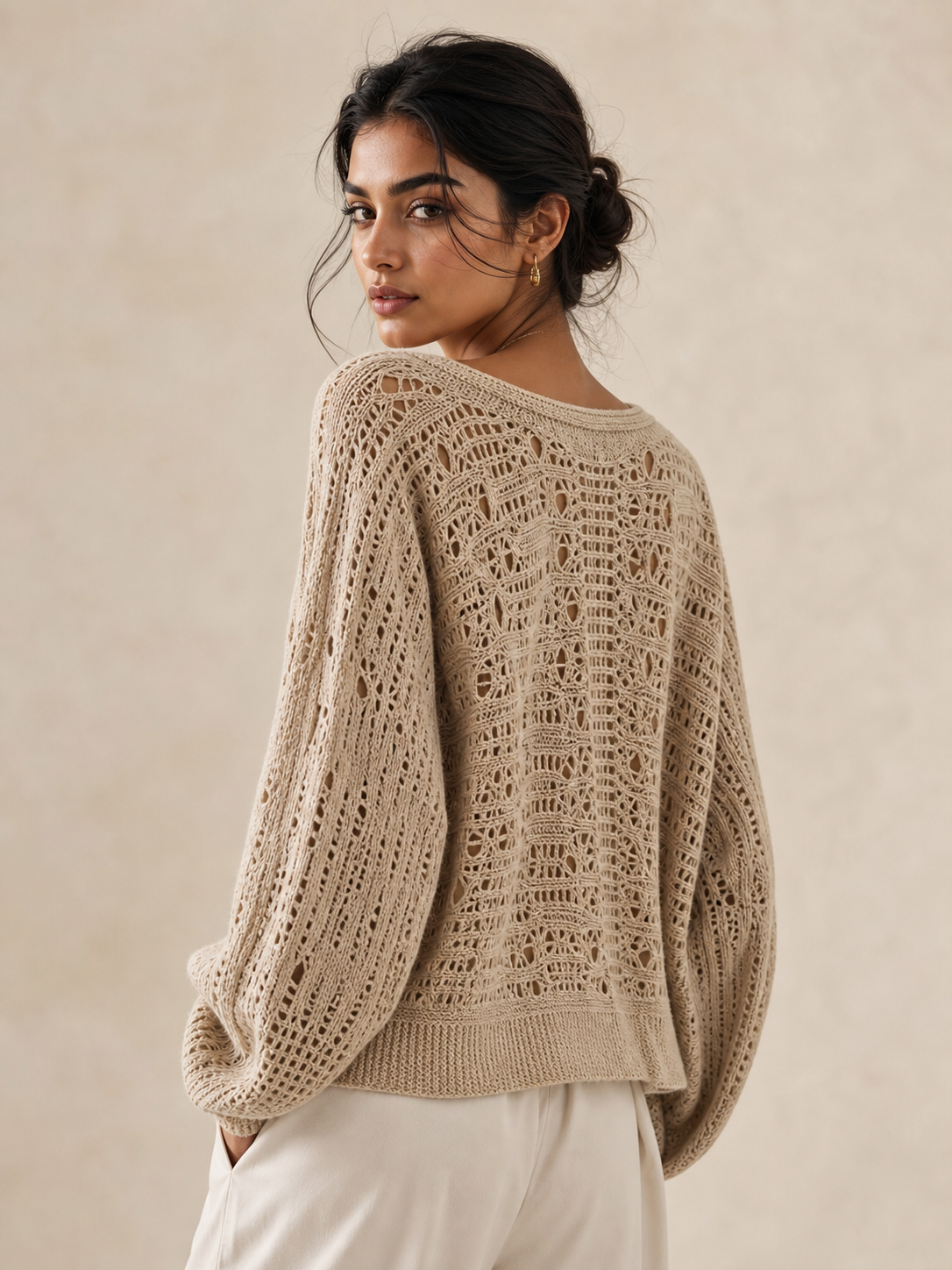 Hollow Out Knitted Sweater by EXCLUSIVES in beige openwork knit
