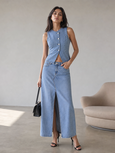 Mela Denim Vest Top & Slit Skirt Coord Set, blue denim outfit by Exclusives.