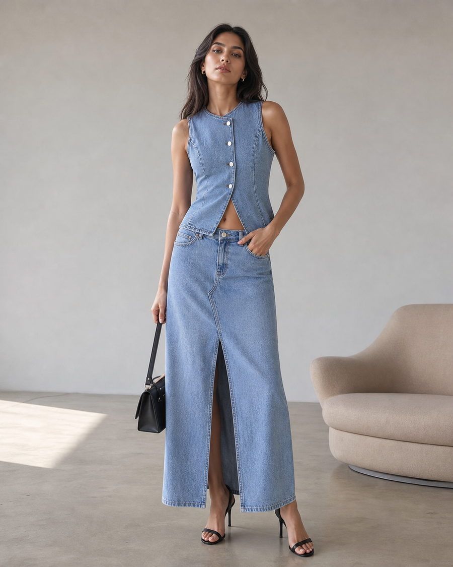 Mela Denim Vest Top & Slit Skirt Coord Set, blue denim outfit by Exclusives.