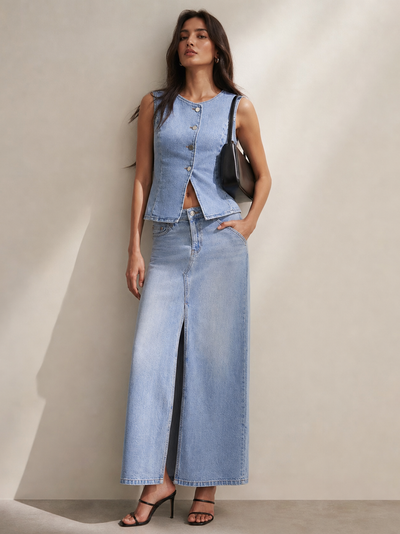 Mela Denim Vest Top & Slit Skirt Coord Set in light denim by Exclusives; sleeveless vest with front buttons and long slit skirt.