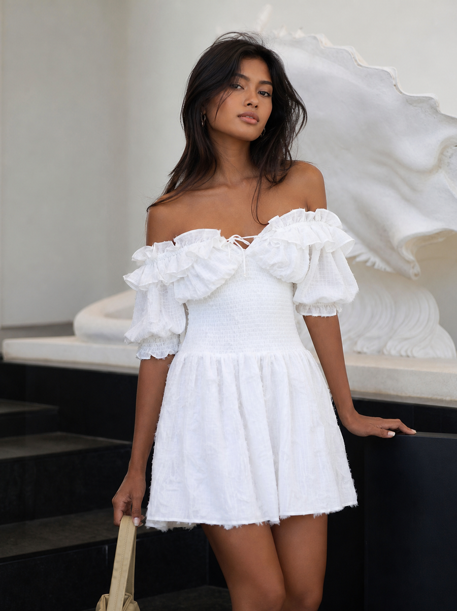 Ruffled off-shoulder white short dress with elastic waist by EXCLUSIVES