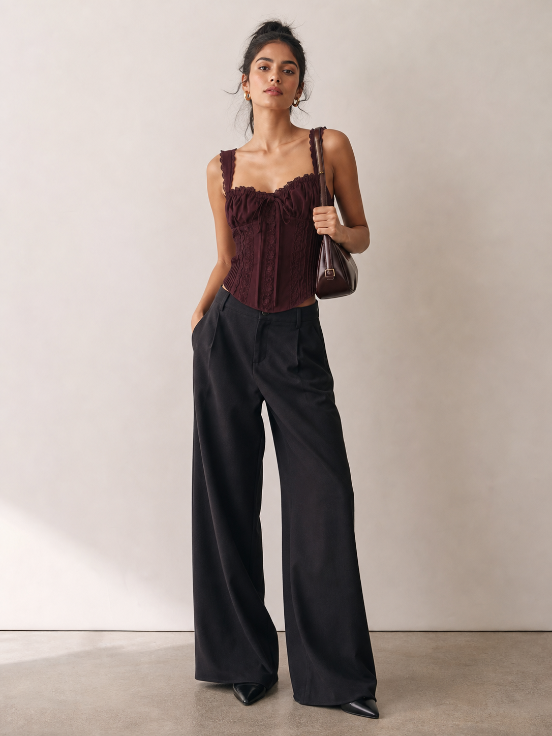 Lace Trim Boning Tied Corset Top, burgundy lingerie top with lace panels and boning.