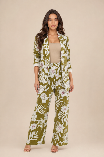 Floral Print Long Blazer and Pant Coord Set, olive green, 2-piece EXCLUSIVES outfit