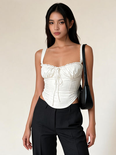 Lace Trim Boning Tied Corset Top by Exclusives, white satin with lace trim and front tie