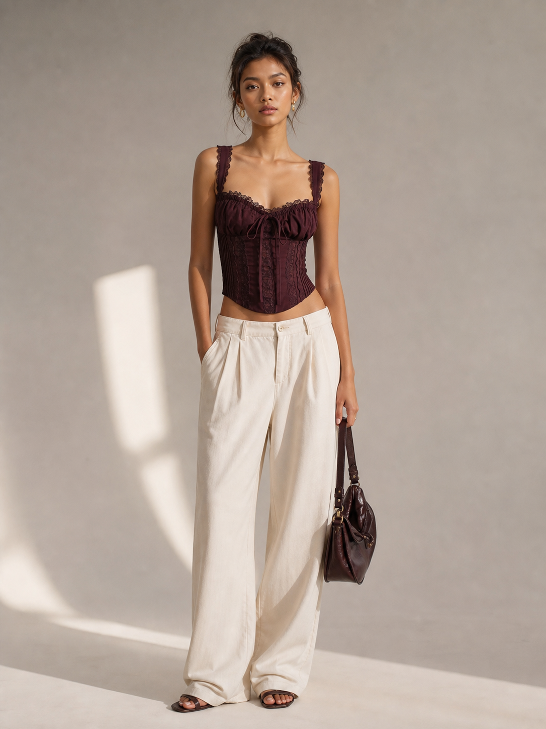 Lace Trim Boning Tied Corset Top by Exclusives, burgundy lace bustier with boning, styled with cream wide-leg pants.