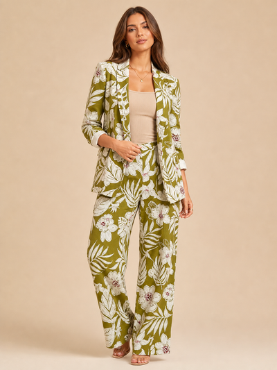 Floral Print Long Blazer with Pant Coord Set (2-piece) in olive green by EXCLUSIVES, combo outfit set