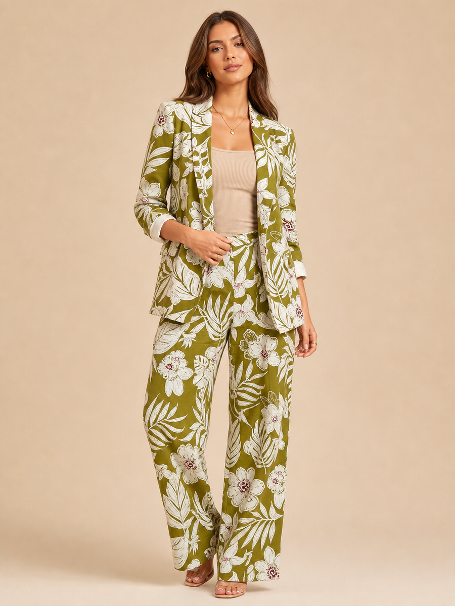Floral Print Long Blazer with Pant Coord Set (2-piece) in olive green by EXCLUSIVES, combo outfit set