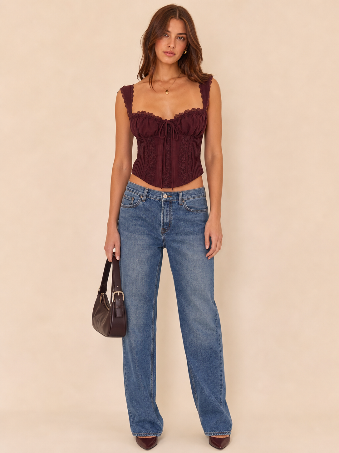 Lace Trim Boning Tied Corset Top, burgundy lace with boned panels