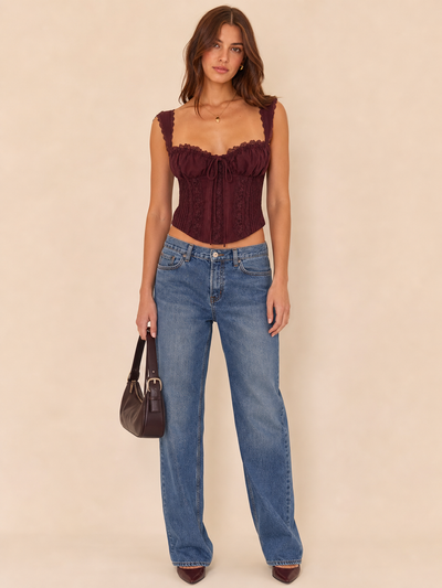 Lace Trim Boning Tied Corset Top, burgundy lace with boned panels