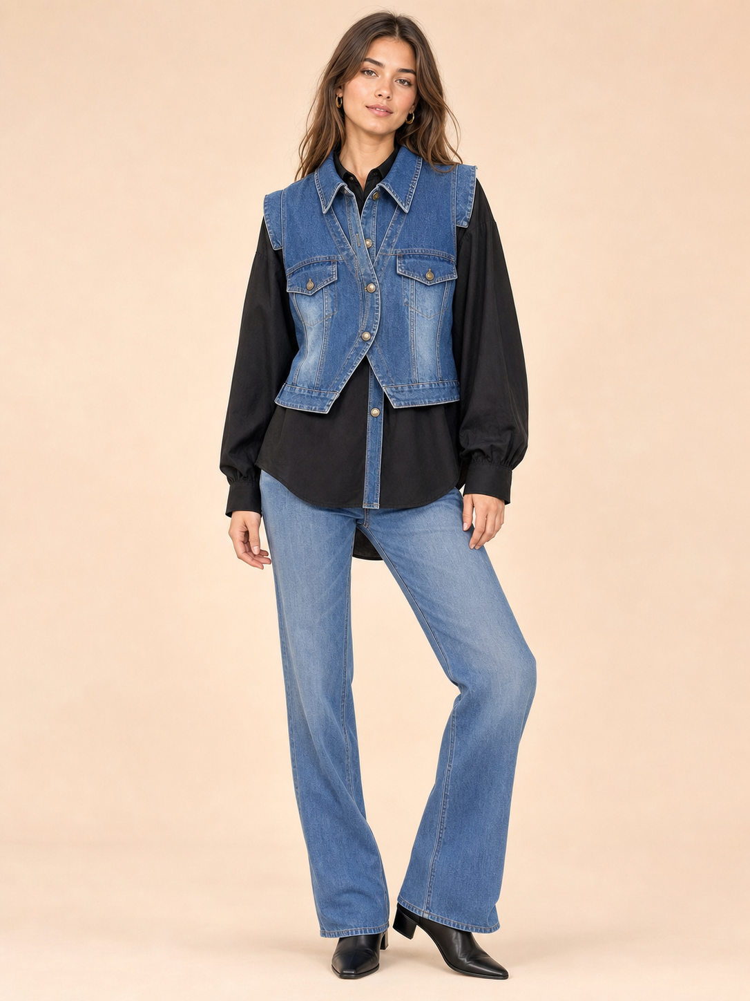 Cotton Shirt with Denim Patches by EXCLUSIVES; blue denim patchwork on the front