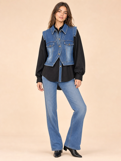 Cotton Shirt with Denim Patches by EXCLUSIVES; blue denim patchwork on the front