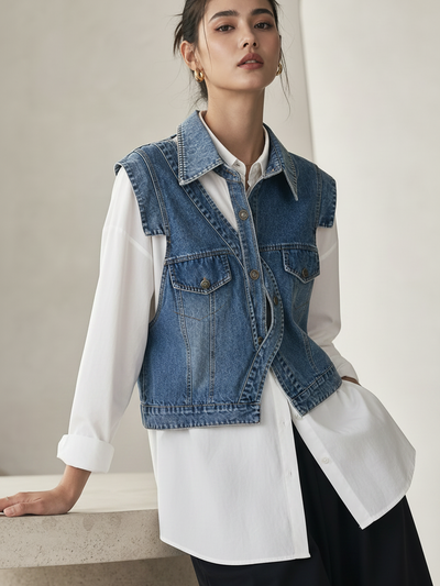 Cotton Shirt with Denim Patches by EXCLUSIVES, on sale; white button-down layered under a blue denim vest.