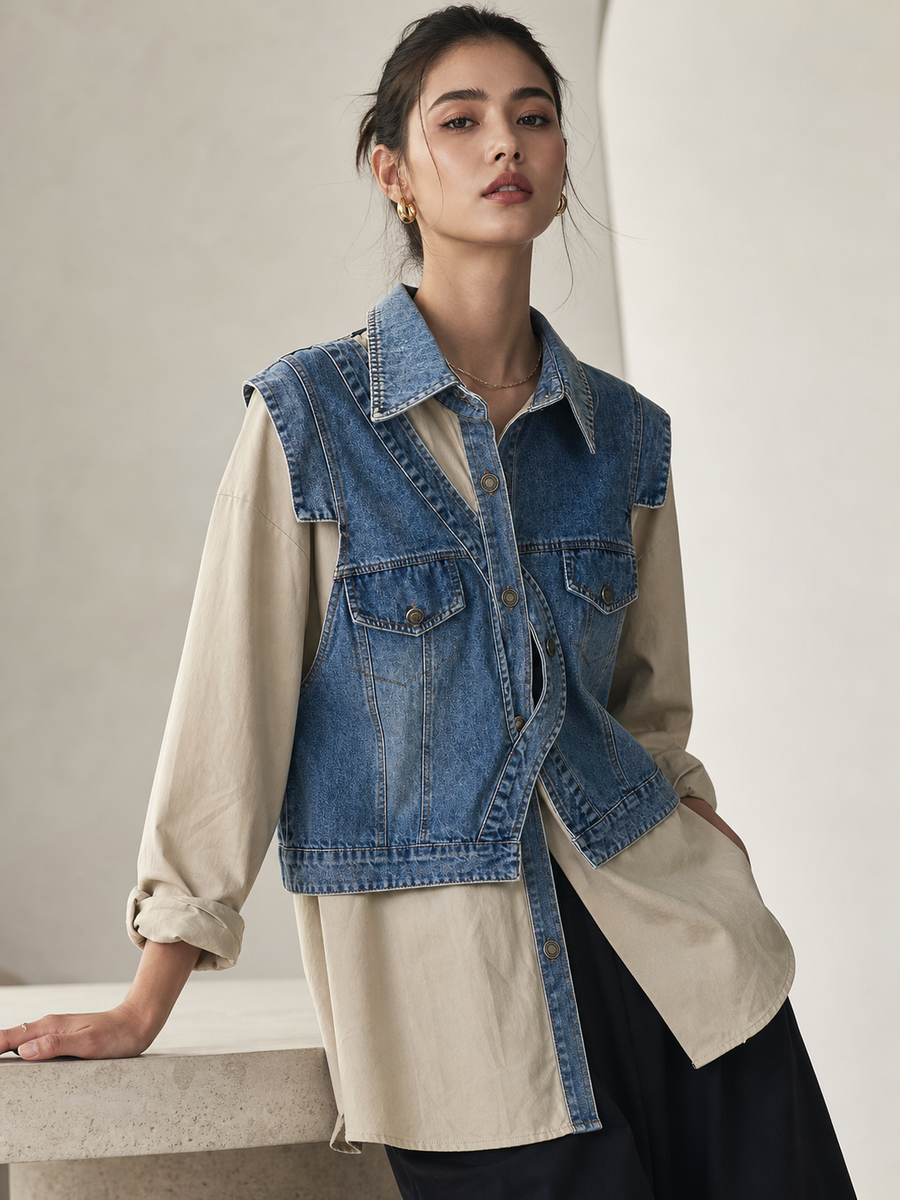 Cotton shirt with blue denim patches; layered over beige shirt for a two-piece denim look