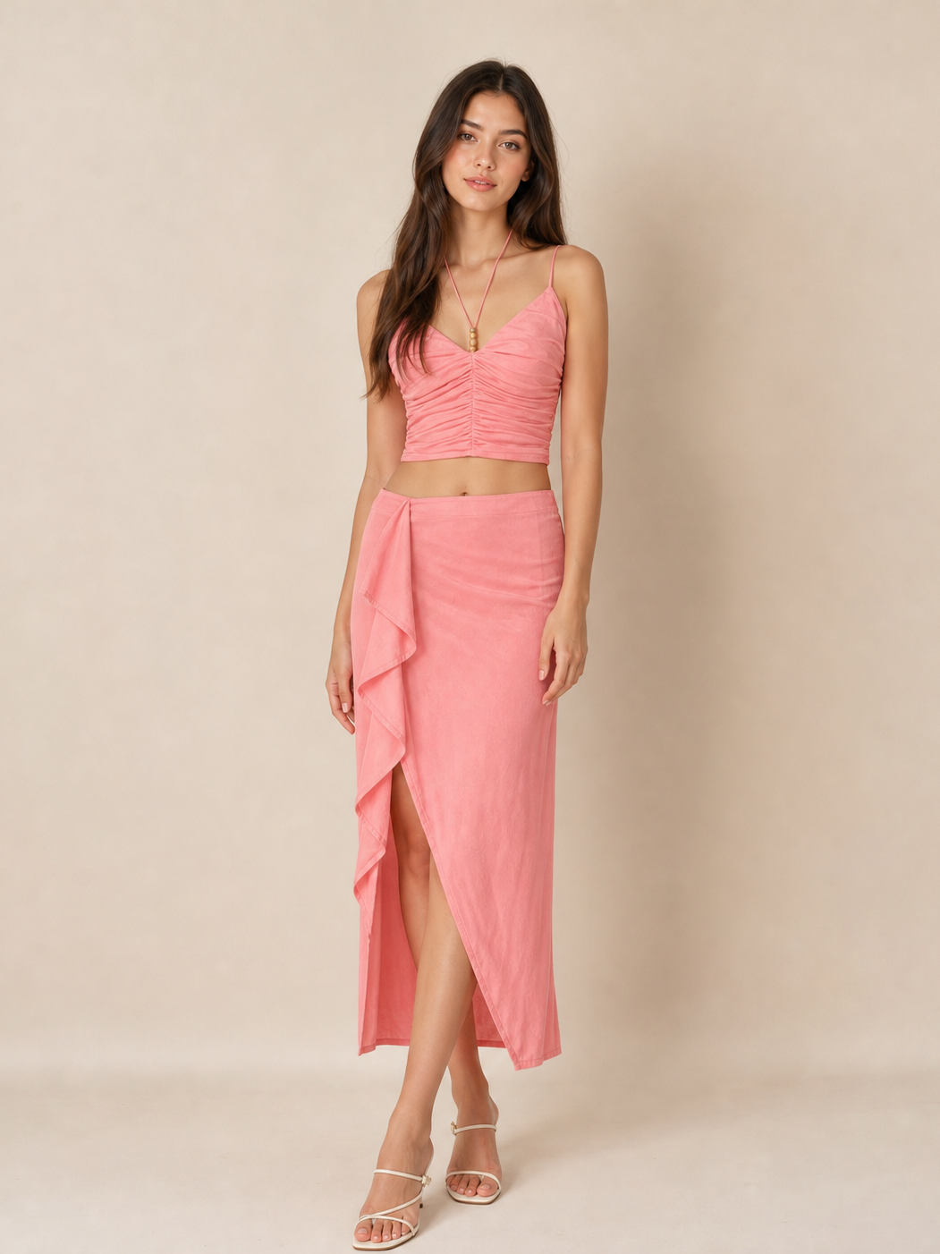 EXCLUSIVES pink cami top and ruffle wrap skirt coord set; ruched top with thin straps, cascading ruffles on skirt