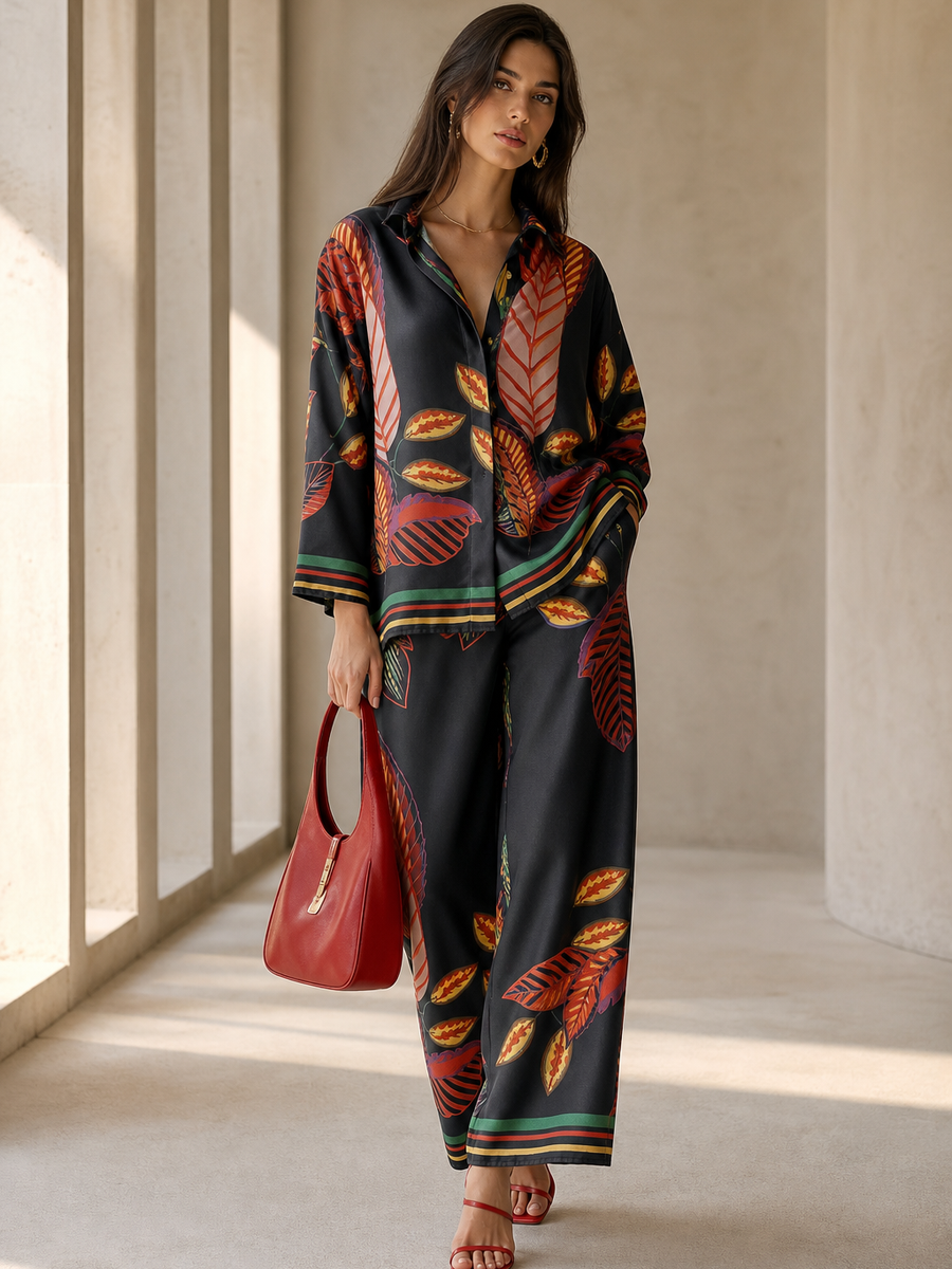 Abstract Print Shirt & Pants Coord Set; black base with red, orange and green leaf motifs, two-piece satin finish.