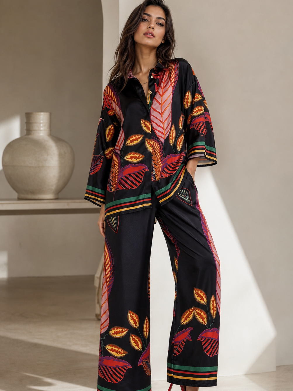 Abstract Print Shirt & Pants Coord Set by SR Store, black base with multicolor leaf print, 2-piece