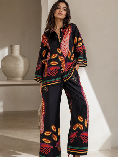 Abstract Print Shirt & Pants Coord Set by SR Store, black base with multicolor leaf print, 2-piece