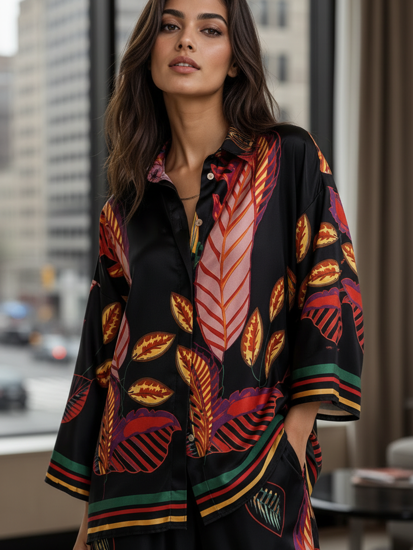 Abstract Print Shirt & Pants Coord Set by SR Store in black with multicolor leaf pattern