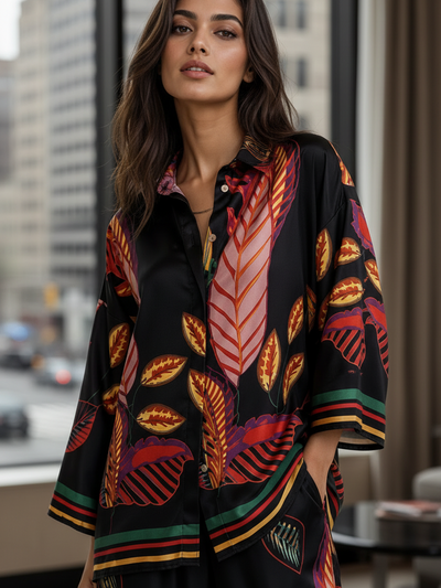 Abstract Print Shirt & Pants Coord Set by SR Store in black with multicolor leaf pattern