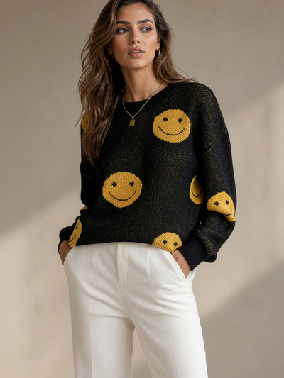 Smiley Face Long Sleeve Black Sweater with yellow smiley prints on sale