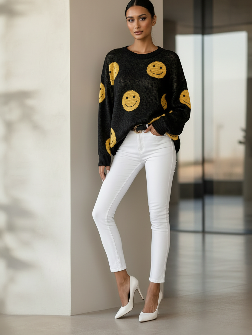 Smiley Face Long Sleeve Black Sweater by EXCLUSIVES; black knit with yellow smiley prints, on sale