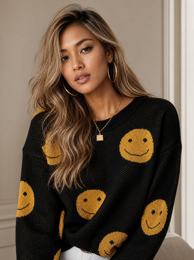 Smiley Face Long Sleeve Black Knit Sweater with yellow smiley prints on sale