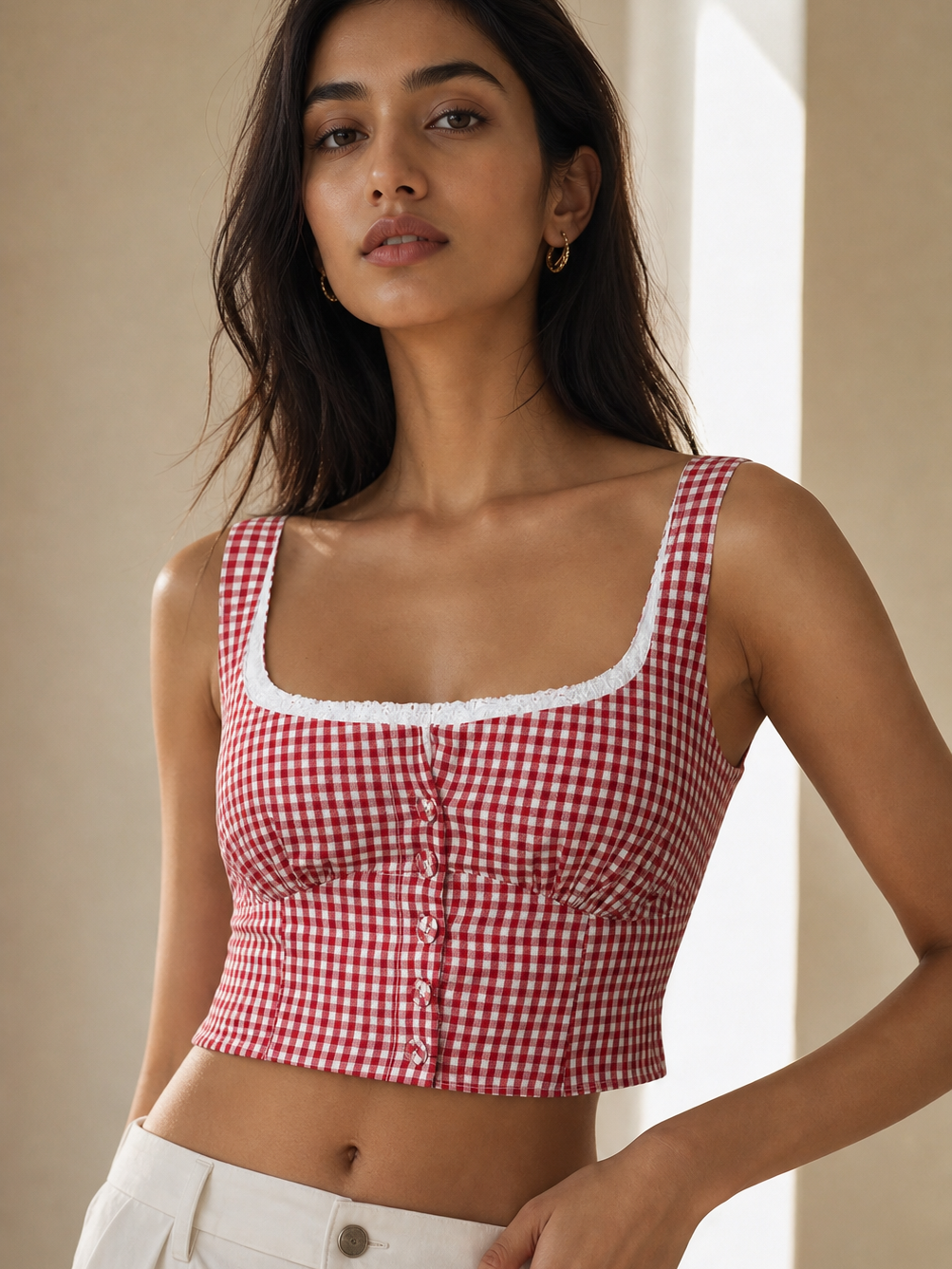 Picnic Charm Gingham Red Top by SR Store; red gingham cropped sleeveless top with white lace trim and front buttons