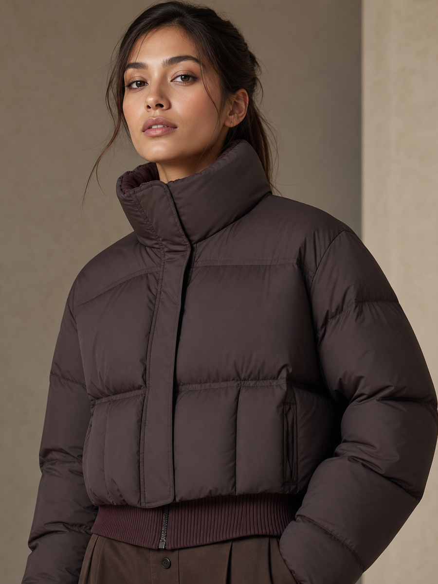 Ribbed bomber jacket in dark brown with a high stand collar and quilted panels