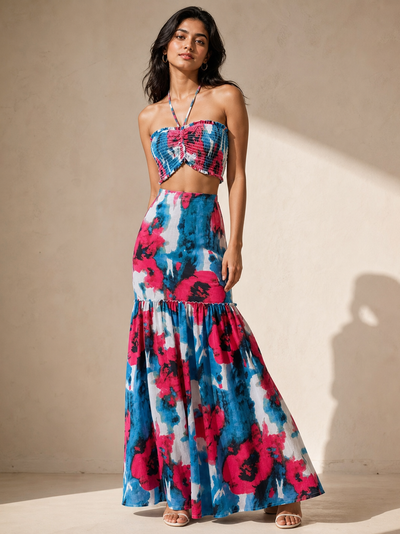 SR Store Tie Dye Crop & Skirt Coord Set, multicolor two-piece tie-dye bandeau top with matching maxi skirt.