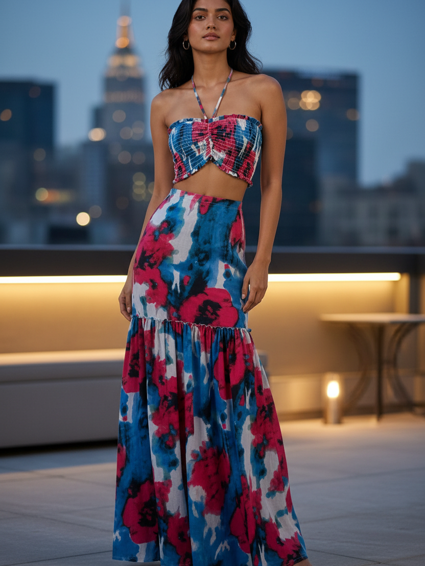 SR Store Tie Dye Crop & Skirt Coord Set, multicolor two-piece tie-dye bandeau top with matching maxi skirt.